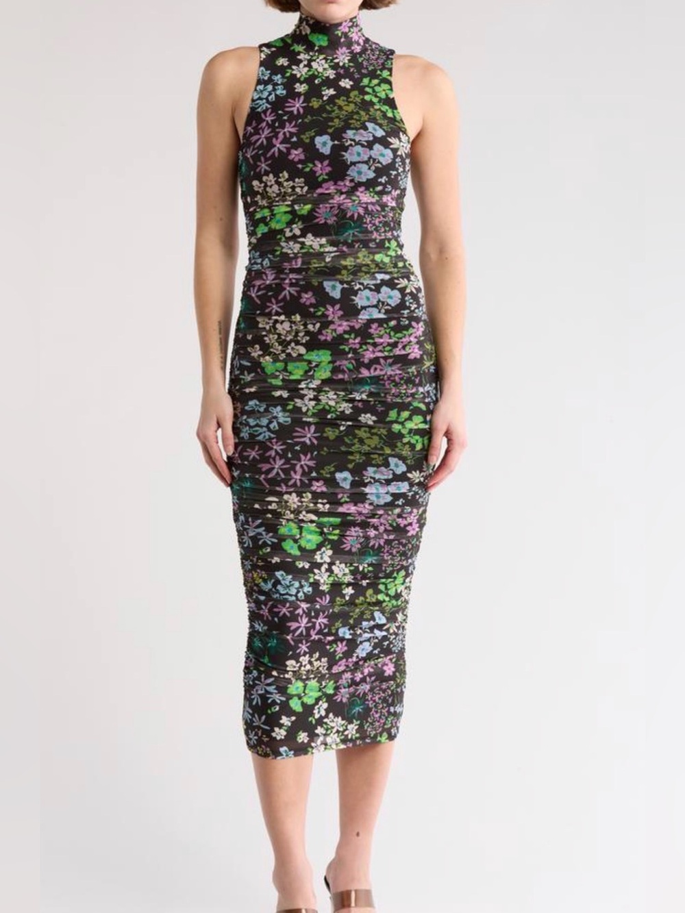AFRM Sonia Ruched Mesh Maxi Dress sleeveless halter NEW Sz S black floral midi